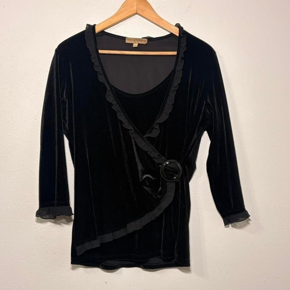 Vintage Notations Black Velvet‎ Ring Wrap Blouse Layered Lettuce Ruffle Trim